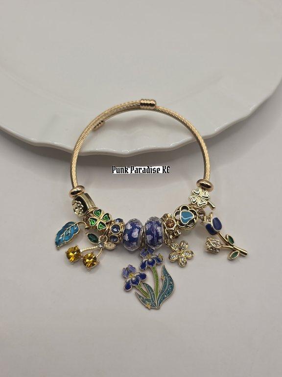 Golden blue floral charm bracelet