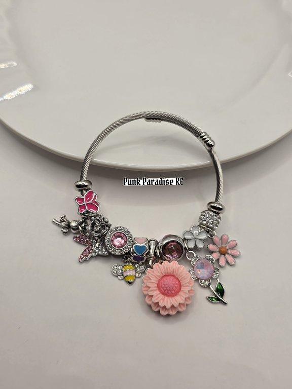 Pink flower charm bracelet